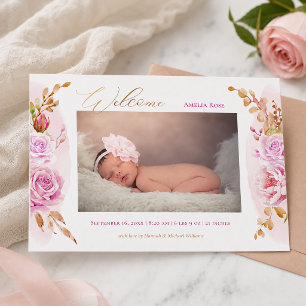 Aquarell-Blumen-Rosa-Rosen-Baby-Mädchen-Fotogeburt Ankündigung