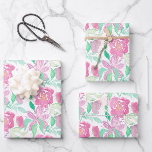 Aquarell-Blumen rosa Rosen handgemaltes Muster Geschenkpapier Set