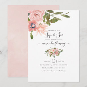 Aquarell-Blumen-Rosa und Roségold Sip and See Einladung