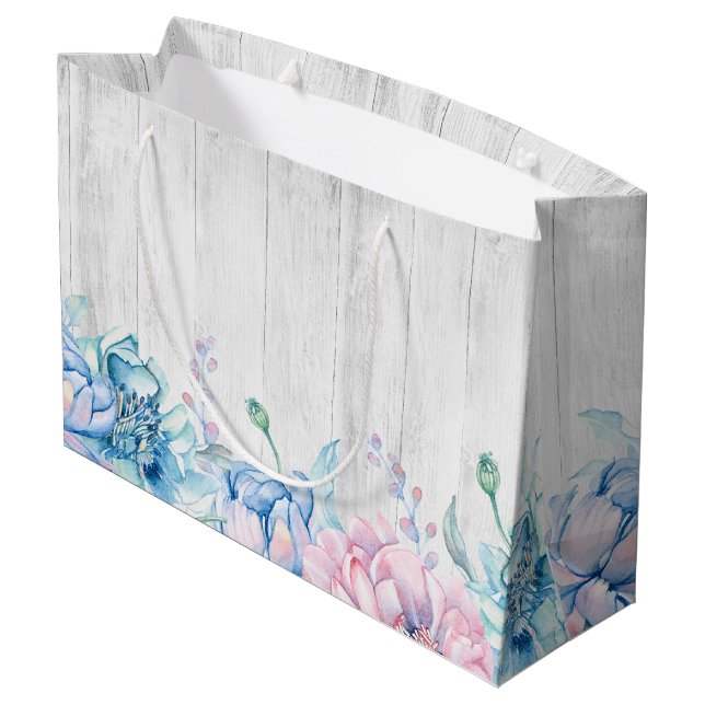 Aquarell Blumen & Rustikales Holz Eleganter Bauern Große Geschenktüte (Rückseite Schrägansicht)