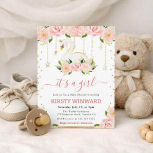Aquarell Blumen Schwan Mädchen Babyparty Einladung