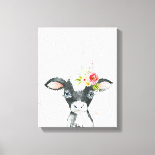 Aquarell-Blumen Schwarz-Weiß-Kuh-Kunst Leinwanddruck