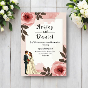 Aquarell-Blumen-Staubige-Rosa-Brautpaar-Hochzeit Einladung