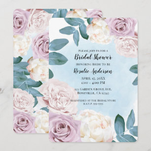 Aquarell Blumen Staubtose Elfenbein Blau Hochzeit Einladung