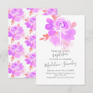 Aquarell-Blumen-Taufe Lila Baby-Einsegnung Einladung