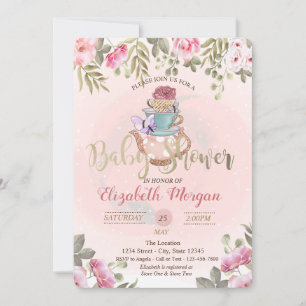Aquarell-Blumen-Teekanne  Babyparty Einladung
