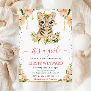 Aquarell Blumen Tigerjunges Mädchen Baby Shower Einladung