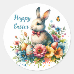 Aquarell-Blumen und Osterhase Runder Aufkleber