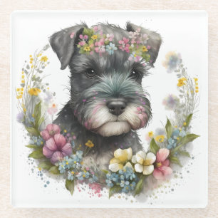 Aquarell-Blumen und Schnauzer-Welpe Glasuntersetzer