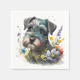 Aquarell-Blumen und Schnauzer-Welpe Serviette