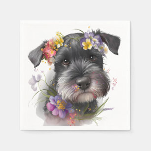 Aquarell-Blumen und Schnauzer-Welpe Serviette