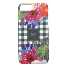 Aquarell-Blumen- und schwarzer Gingham mit
