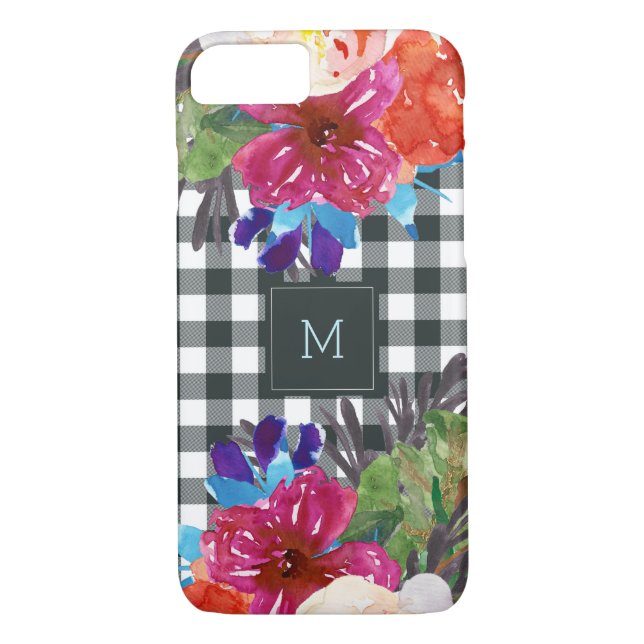 Aquarell-Blumen- und schwarzer Gingham mit Case-Mate iPhone Hülle (Rückseite)