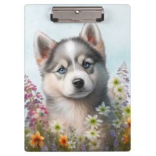 Aquarell-Blumen und sibirischer Husky-Welpe Klemmbrett