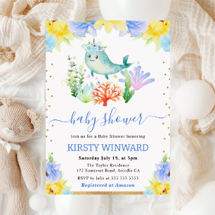 Aquarell Blumen Unterwasser Narwal Babyparty Einladung