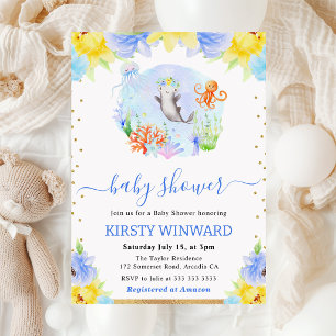 Aquarell Blumen Unterwasser-Tiere Babyparty Einladung