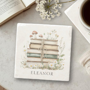 Aquarell-Blumen-Vintage-Bücher Personalisiert Steinuntersetzer