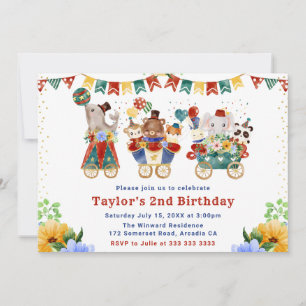 Aquarell-Blumen-Zirkustiere-Zug-Geburtstag Einladung