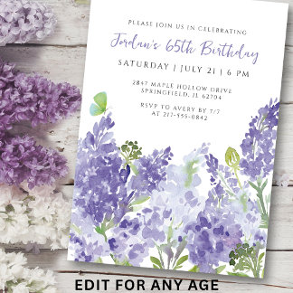 Aquarell Blumen zum 65. Geburtstag Elegante Fliede Einladung