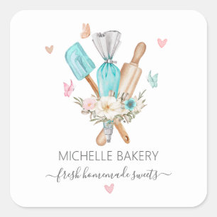 Aquarell Blumenbackutensilien Bäckerei Quadratischer Aufkleber