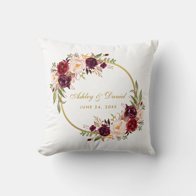 Aquarell-Blumenburgunder-Kranz-Goldhochzeit Kissen (Vorderseite)