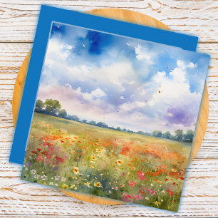 Aquarell Blumenfeld mit Wolken Danke
