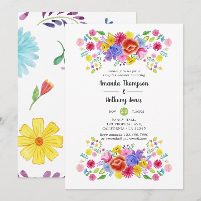Aquarell Blumenfiesta Paare Dusche Einladung (Vorne/Hinten)