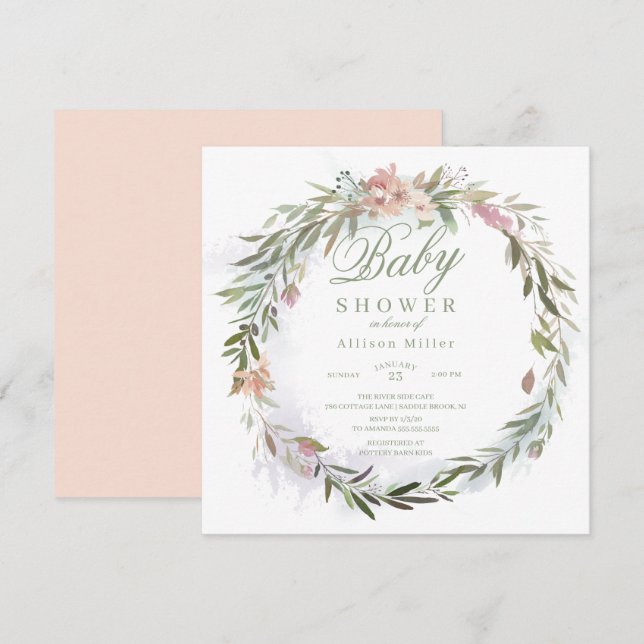 Aquarell Blumengrün Wreath Babydusche Einladung (Vorne/Hinten)