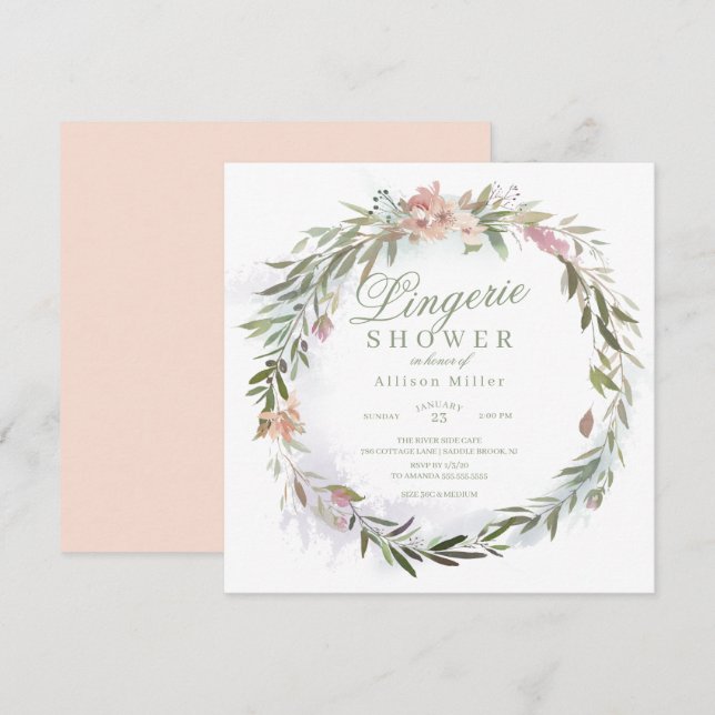 Aquarell Blumengrün Wreath Lingerie Dusche Einladung (Vorne/Hinten)