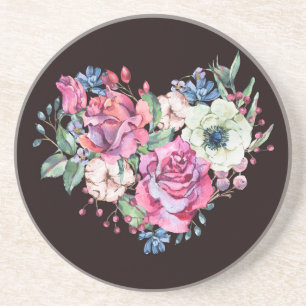 Aquarell-Blumenherz: alte Rosen. Getränkeuntersetzer