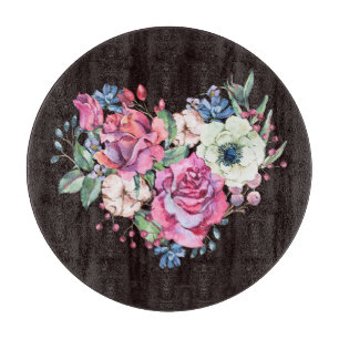 Aquarell-Blumenherz: Vintage-Rosen. Schneidebrett