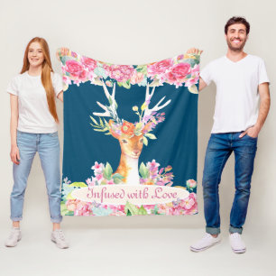 Aquarell-Blumenhirsch mit Geweih, Navy und Rosa Fleecedecke