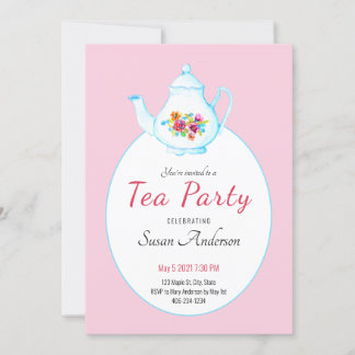 Aquarell Blumenkohl Teekanne Rosa Tee Party Einlad Einladung