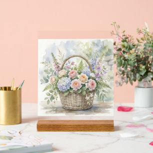 Aquarell-Blumenkorb mit Rosen und Hortensien Acrylschild