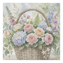 Aquarell-Blumenkorb mit Rosen und Hortensien