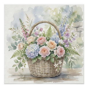 Aquarell-Blumenkorb mit Rosen und Hortensien Poster