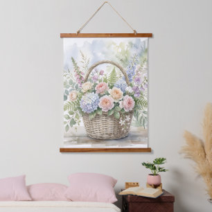 Aquarell-Blumenkorb mit Rosen und Hortensien Wandteppich Mit Holzrahmen