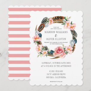 Aquarell-Blumenkranz mit Federn Hochzeit Einladung