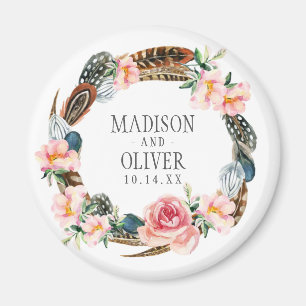 Aquarell-Blumenkranz mit Federn   Hochzeit Magnet