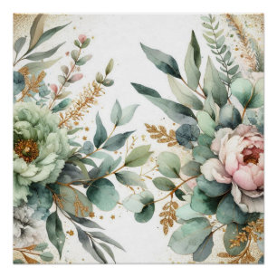 Aquarell-Blumenlaubwerk Grün Rosa Goldene Akzente Poster