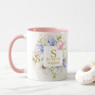 Aquarell-Blumenmonogramm I Individuelle Goldinitia Tasse