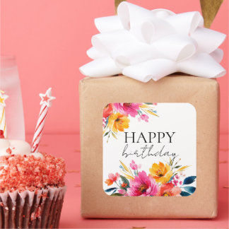 Aquarell-Blumenmuster | Moderne Floral Quadratischer Aufkleber