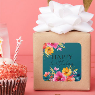 Aquarell-Blumenmuster | Moderne Floral Quadratischer Aufkleber