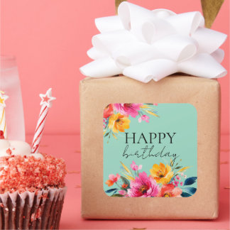 Aquarell-Blumenmuster | Moderne Floral Quadratischer Aufkleber