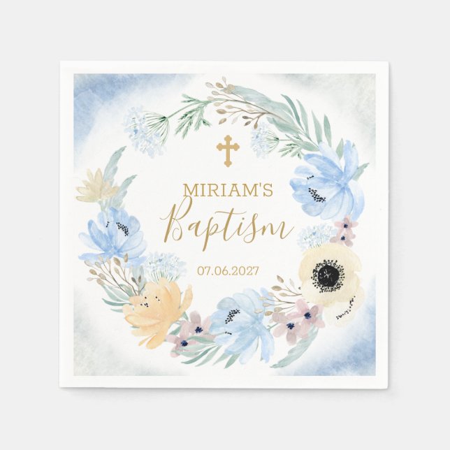 Aquarell Blumenpfirsich Blaue Taufe Papier Napkin Serviette (Vorderseite)