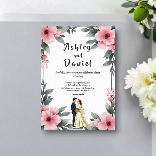 Aquarell-Blumenrahmen Braut und Bräutigam Hochzeit Einladung