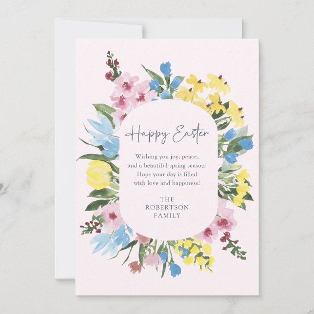 Aquarell, Blumenrahmen Fröhlicher Ostern, rosa Kar Einladung (Vorderseite)