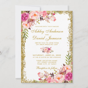 Aquarell Blumenrosa Hauch Gold Glitter Hochzeit Einladung