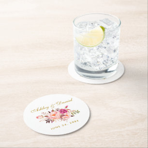 Aquarell-Blumenrosa Hauch Goldene Hochzeit Runder Pappuntersetzer