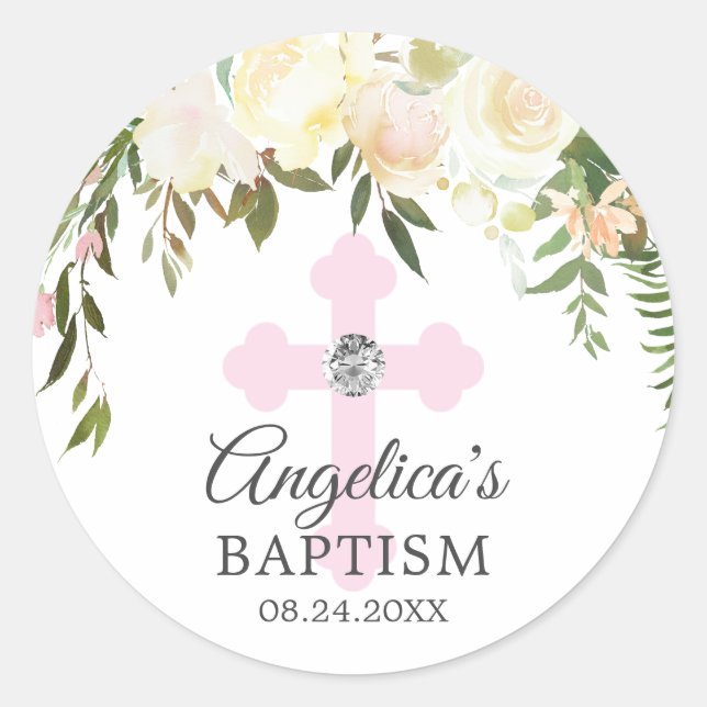 Aquarell Blumenrosa Ivory Taufe Christening Runder Aufkleber (Vorderseite)
